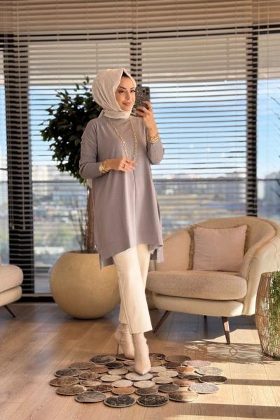 127 Kolları Lastik Örgü Triko Tunik Gri
