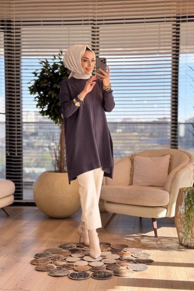 127 Kolları Lastik Örgü Triko Tunik Antrasit