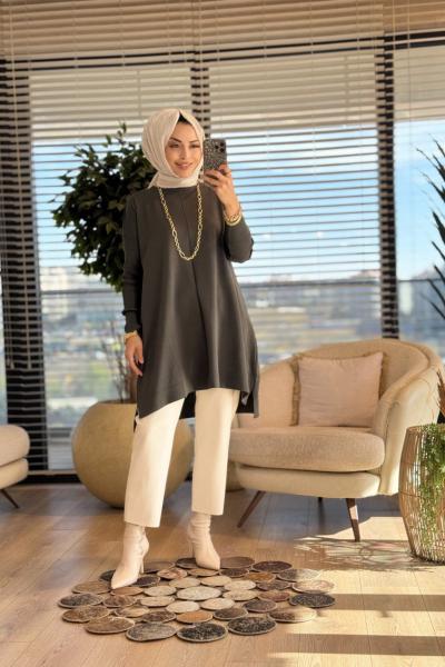 127 Kolları Lastik Örgü Triko Tunik Haki