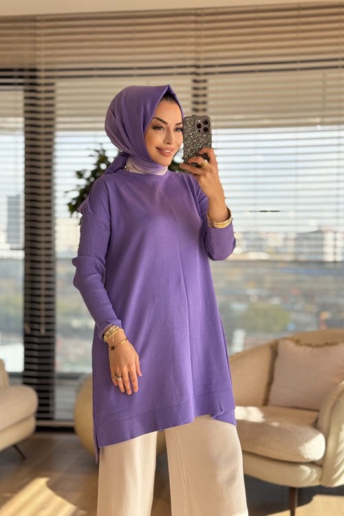 127 Kolları Lastik Örgü Triko Tunik Lila