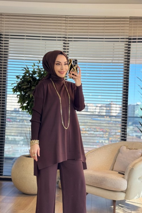 127 Kolları Lastik Örgü Triko Tunik Koyu Kahve