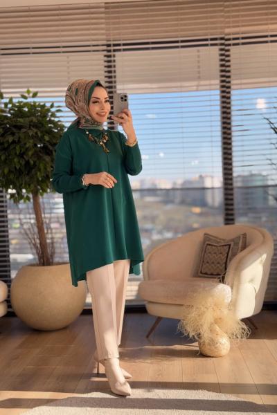 127 Kolları Lastik Örgü Triko Tunik Zümrüt