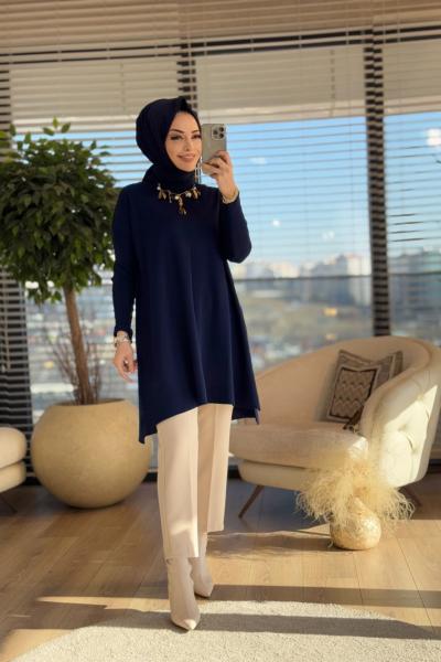 127 Kolları Lastik Örgü Triko Tunik Lacivert
