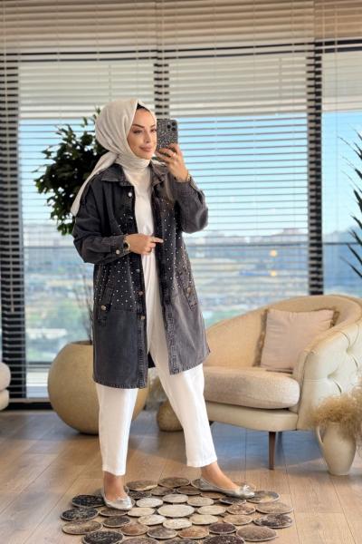 127500 Serpme Taş İşlemeli Kot Gömlek Siyah