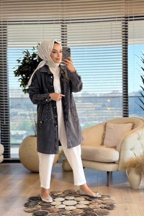 127500 Serpme Taş İşlemeli Kot Gömlek Siyah