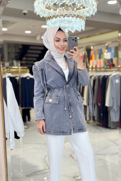 128500 Omuzları Taş Detaylı Kot Ceket Siyah