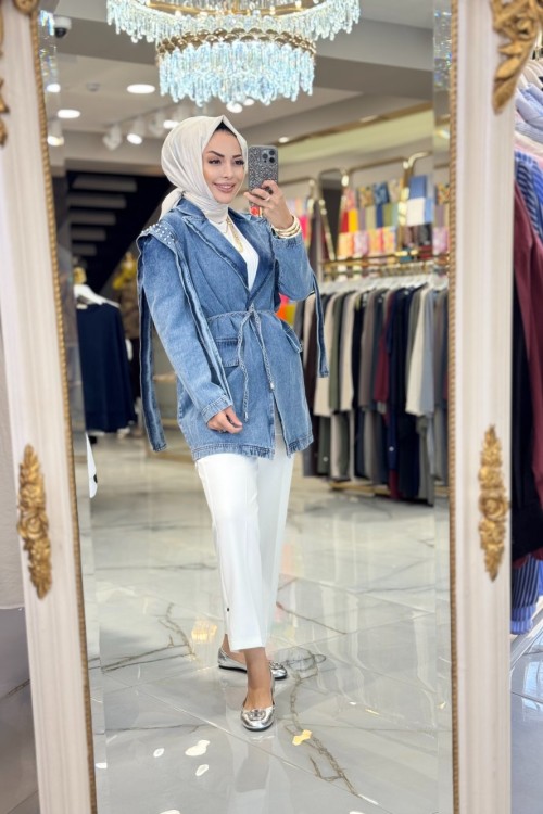 128500 Omuzları Taş Detaylı Kot Ceket Mavi