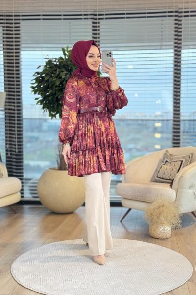 1296 Saten Desenli Ön Fırfırlı Tunik Bordo