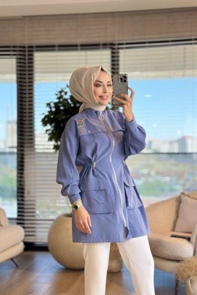 1298 Roba Parça Üstü Kuş Broş İşli Kap İndigo