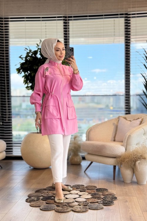 1298 Roba Parça Üstü Kuş Broş İşli Kap Pembe