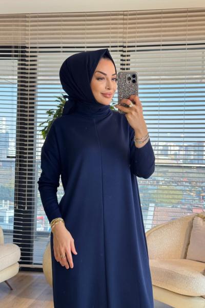 130 Önü Boyuna Çizgi Detaylı Triko Elbise Lacivert