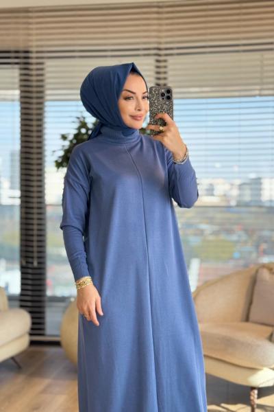 130 Önü Boyuna Çizgi Detaylı Triko Elbise İndigo