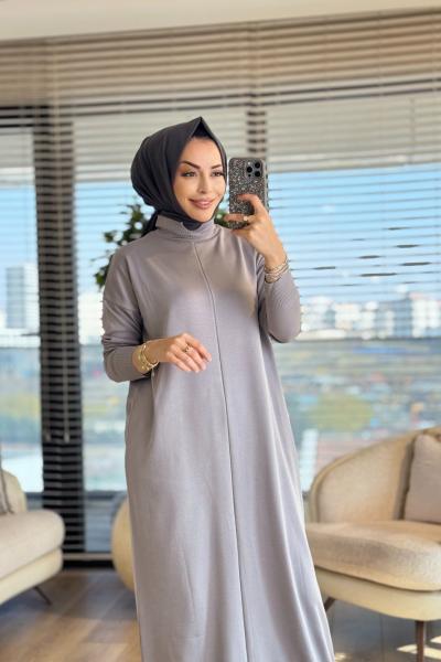 130 Önü Boyuna Çizgi Detaylı Triko Elbise Gri