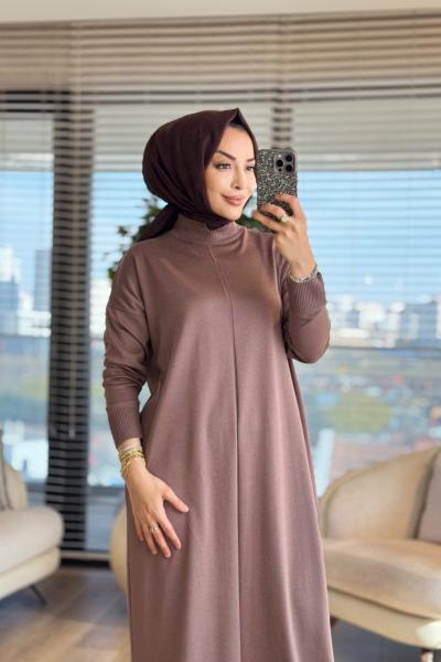 130 Önü Boyuna Çizgi Detaylı Triko Elbise Vizon