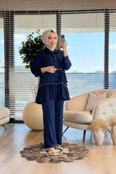 1302 Ön Etek Ucu Fırfır Ve Taş Detaylı Takım Lacivert