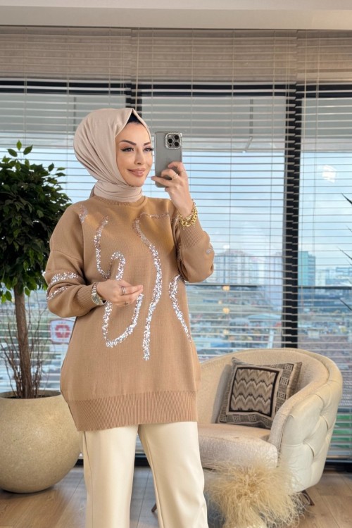 1303 Pullu Triko Tunik Camel