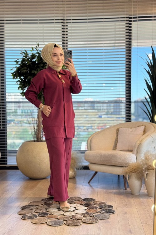 1304 Patı Metal Aksesuarlı Fermuarlı Takım Bordo
