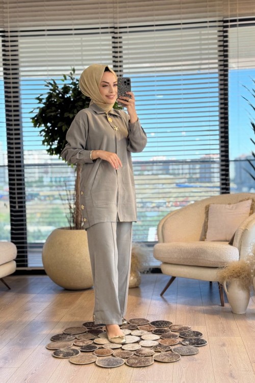 1304 Patı Metal Aksesuarlı Fermuarlı Takım Haki
