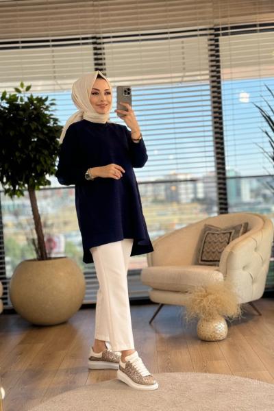 13042 Damar Desen Triko Tunik Lacivert