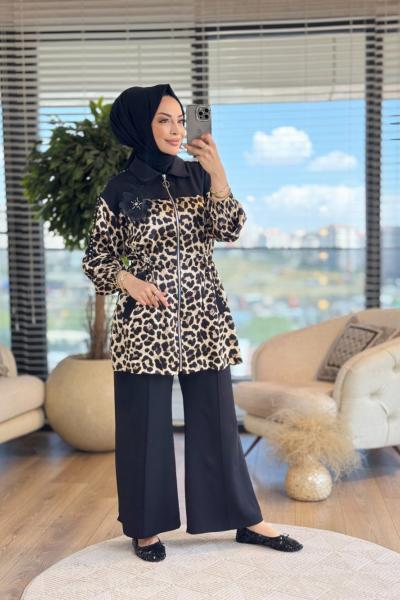 1306 Leopar Desen Fermuarlı Takım Leopar