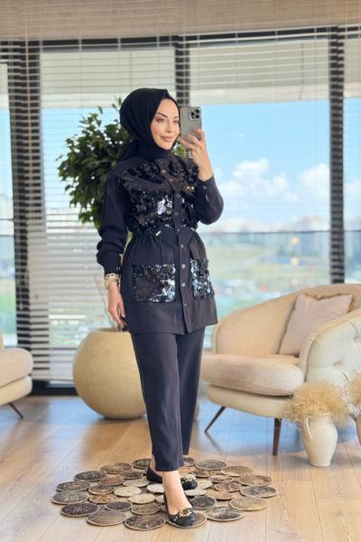 1308 Önü Pullu Takım Siyah