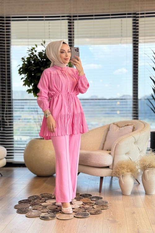 1309 Ön Sutaşı Etek Ucu Kırışık Takım Pembe