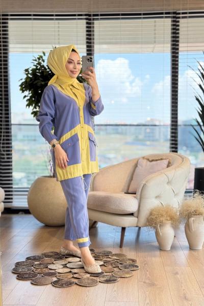 1316 Renkli Kol Ve Paçası Manşetli Takım İndigo