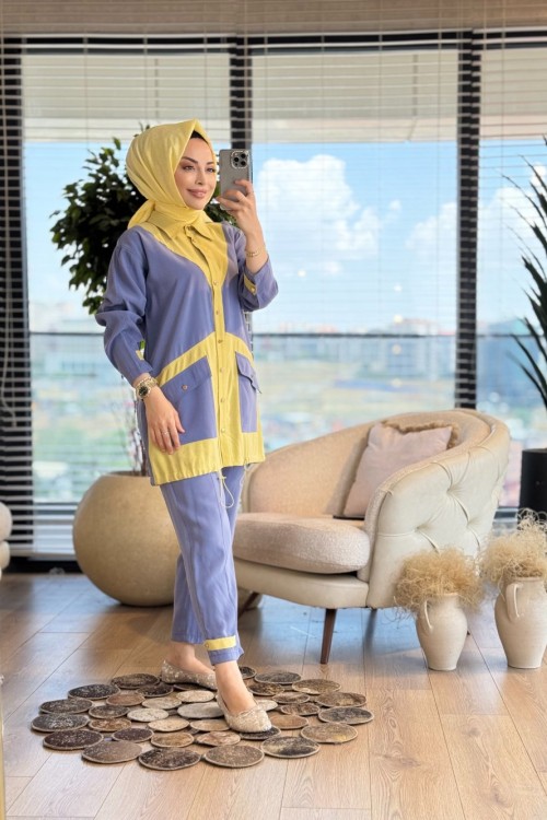1316 Renkli Kol Ve Paçası Manşetli Takım İndigo
