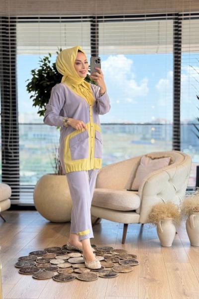 1316 Renkli Kol Ve Paçası Manşetli Takım Gri