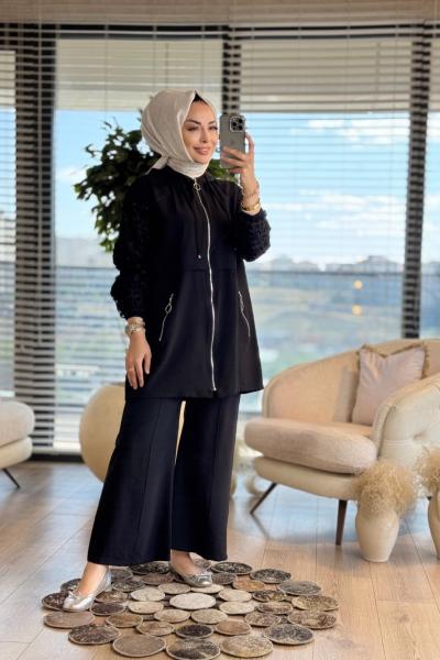 1317 Kolları Fileli Kapşonlu Takım Siyah