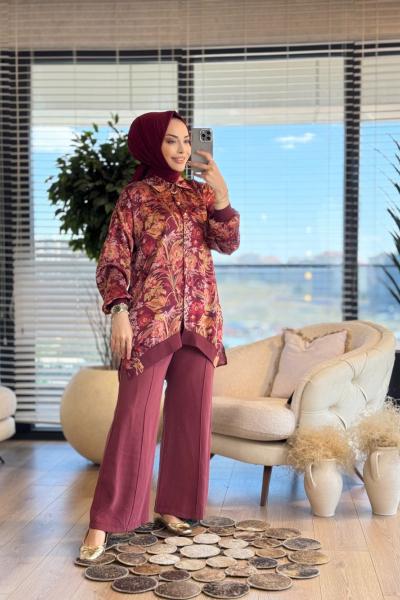 1321 Saten Üstü Çiçek Desen Gömlekli Takım Bordo