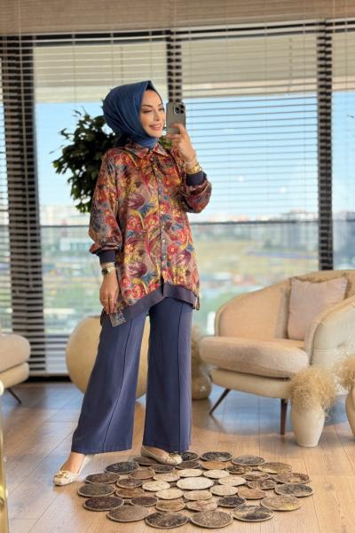 1321 Saten Üstü Çiçek Desen Gömlekli Takım İndigo