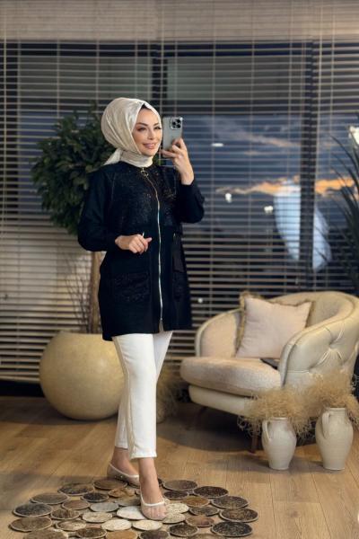 1332 Ön File Parçalı Kısa Kap Siyah