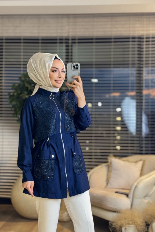 1332 Ön File Parçalı Kısa Kap Lacivert