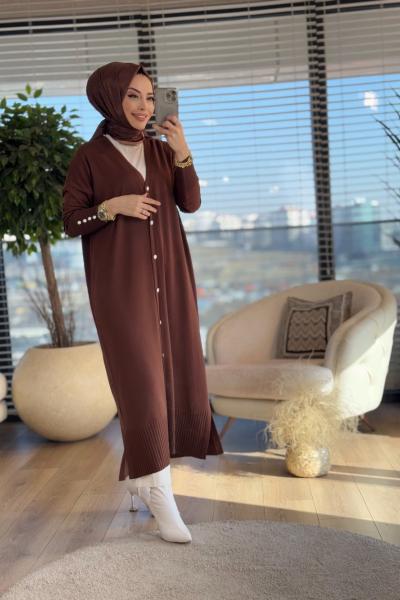 134 Kolu Düğmeli V Yaka Merserize Uzun Hırka Kahve