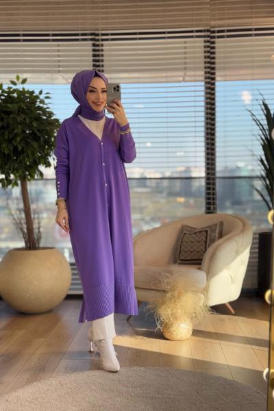 134 Kolu Düğmeli V Yaka Merserize Uzun Hırka Lila