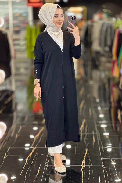 134 Kolu Düğmeli V Yaka Merserize Uzun Hırka Siyah