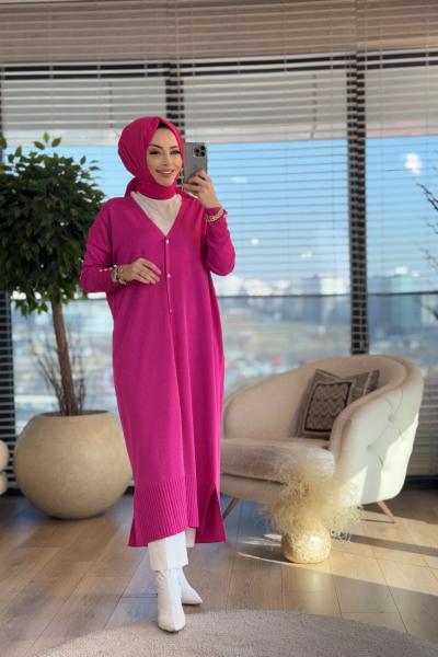 134 Kolu Düğmeli V Yaka Merserize Uzun Hırka Fuşya