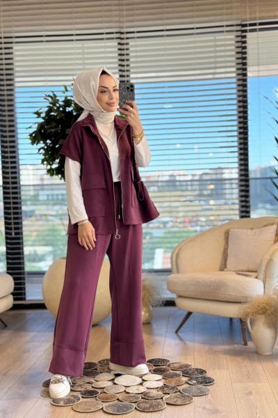 1366 Üst Yelekli Cep Kapaklı Takım Bordo