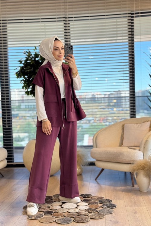 1366 Üst Yelekli Cep Kapaklı Takım Bordo