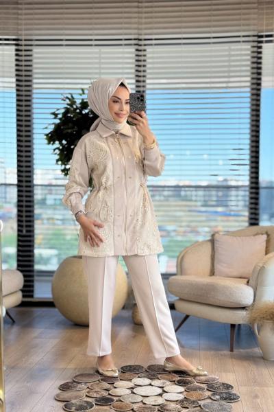 1391 File Üstü Kordon Nakışlı Takım Bej