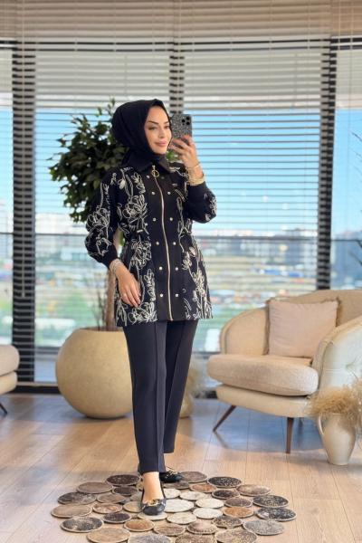 1391 File Üstü Kordon Nakışlı Takım Siyah Bej