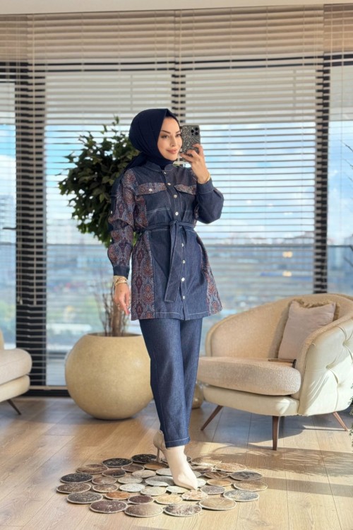 1397 Tencel Kol Ve Yanları Desenli Takım Lacivert Bordo