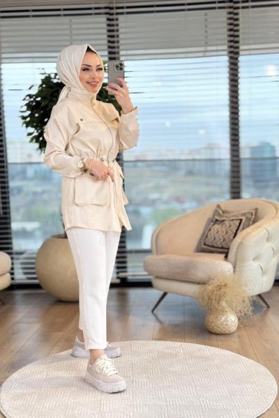14-1144 Ön Cepli Bel Bağcıklı Fermuarlı Ceket Bej