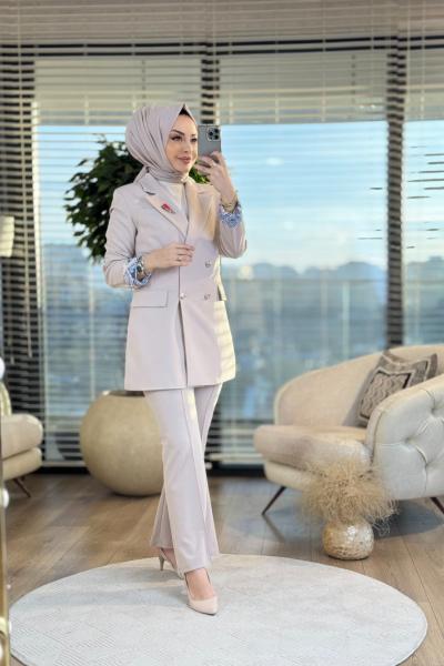 14-1152 Manşeti Desenli Ceket Bej