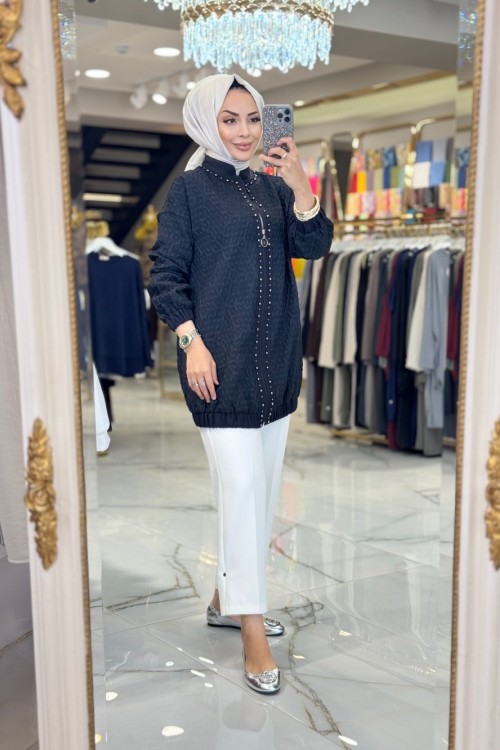 14-1158 Kabartma Desen Ceket Siyah