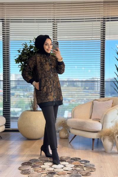 14-1161 Kabartma Desen Fermuarlı Ceket Açık Kahve