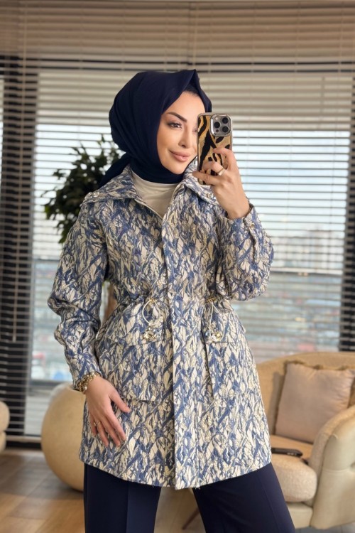 14-1191 Kabartma Desenli Cebi Taşlı Ceket İndigo