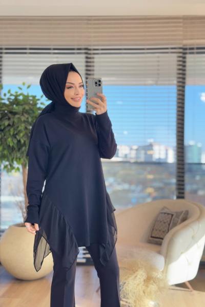 140185 Yırtmaçları Şifon Detaylı Triko Tunik Siyah