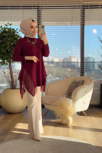 140185 Yırtmaçları Şifon Detaylı Triko Tunik Bordo
